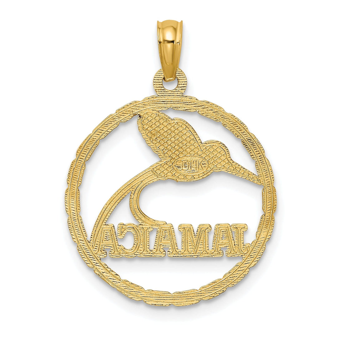 14K Yellow Gold Polished Textured Finish JAMAICA with Humming Bird in Circle Design Charm Pendant