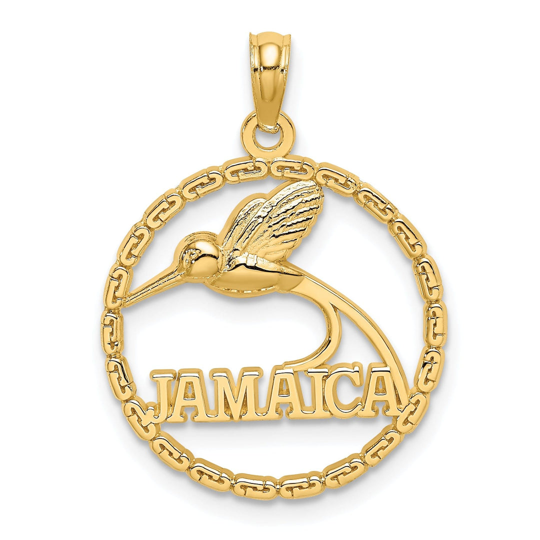14K Yellow Gold Polished Textured Finish JAMAICA with Humming Bird in Circle Design Charm Pendant