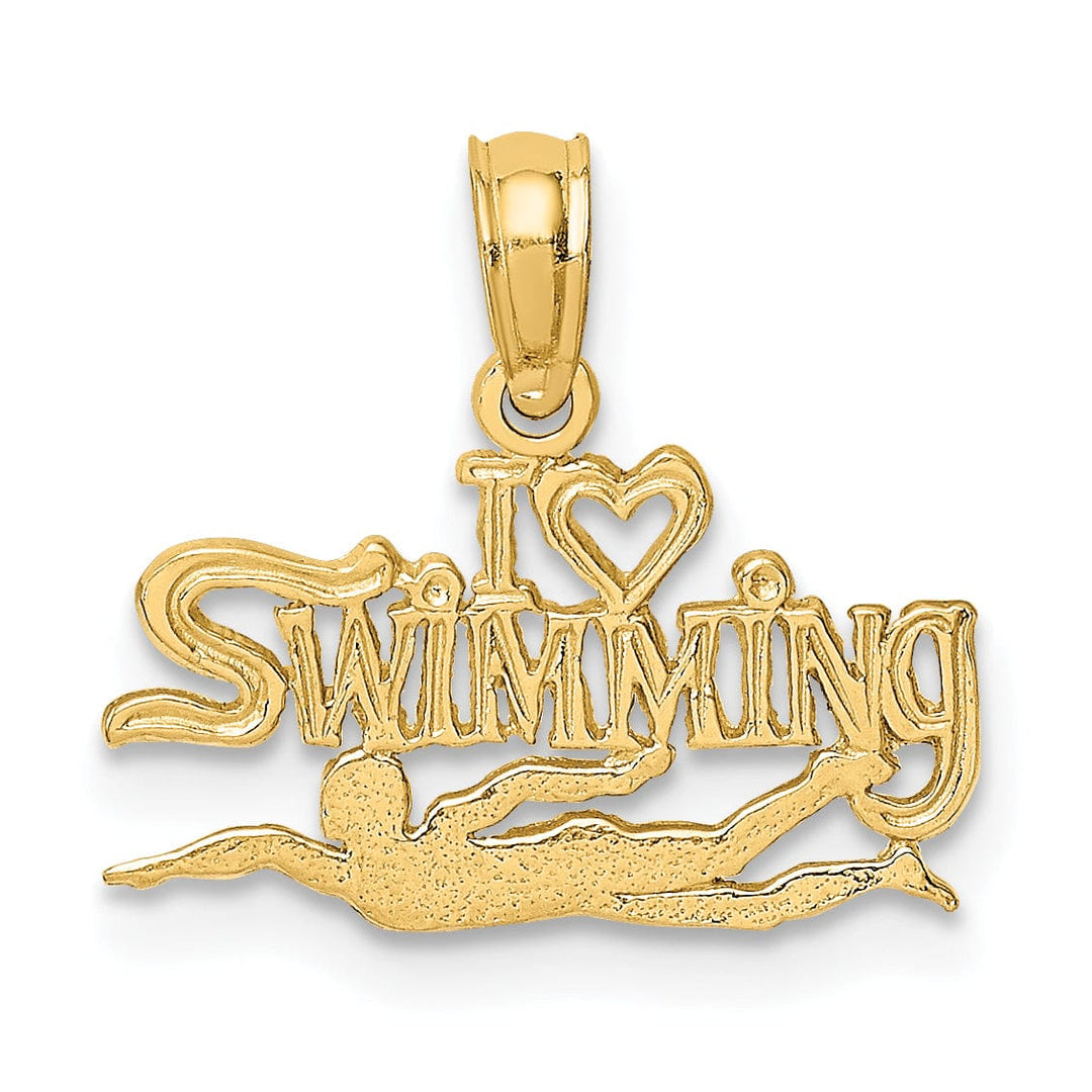 14K Yellow Gold Polished Textured I HEART SWIMMING Charm Pendant