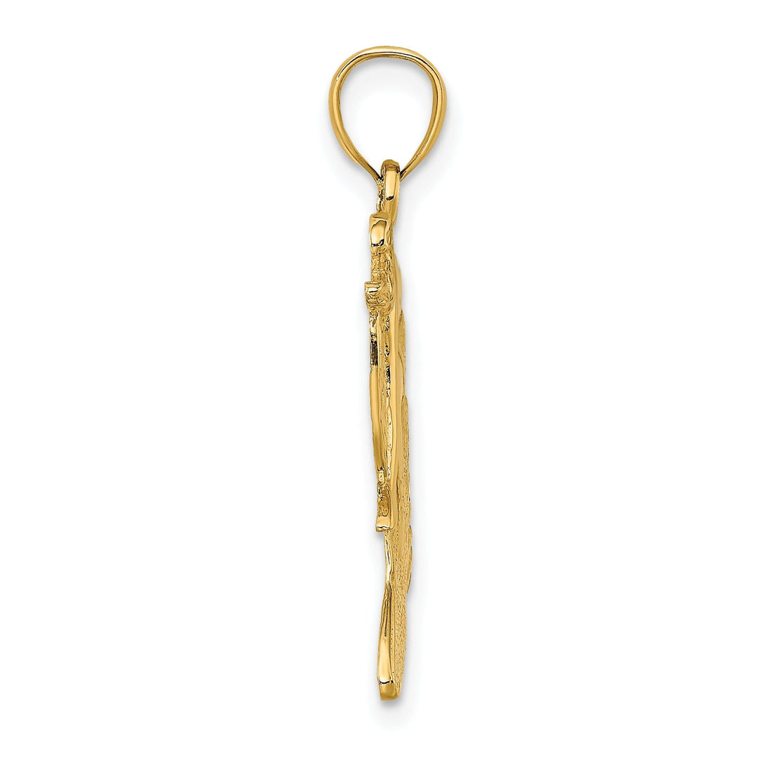14K Yellow Gold Polished Finish Flat Back Graved Surfer in Wave Charm Pendant