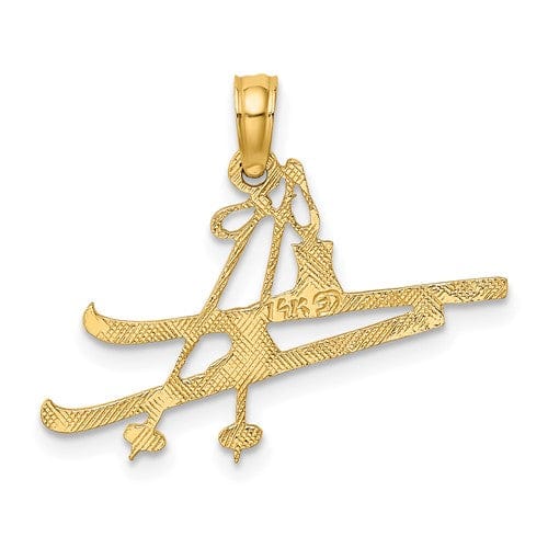 14k Yellow Gold Textured Polished Finish Open Back Snow Skis, Boots, and Pole Charm Pendant