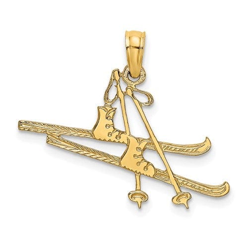 14k Yellow Gold Textured Polished Finish Open Back Snow Skis, Boots, and Pole Charm Pendant