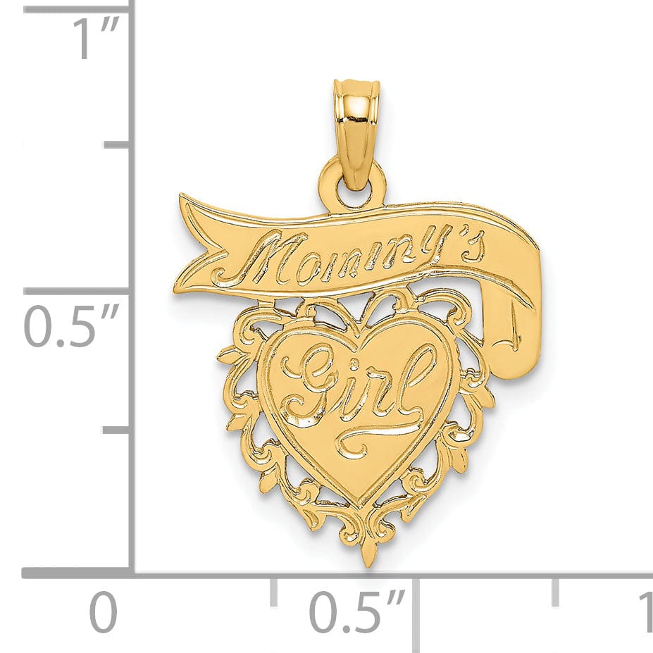 14K Yellow Gold Flat Back Polished Finish MOMMY'S GIRL In Lace Trim Heart Design with Banner Sign Charm Pendant