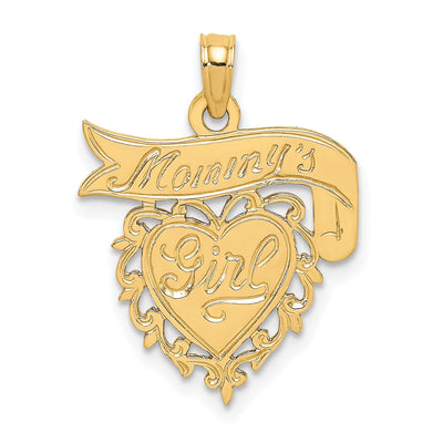 14K Yellow Gold Flat Back Polished Finish MOMMY'S GIRL In Lace Trim Heart Design with Banner Sign Charm Pendant