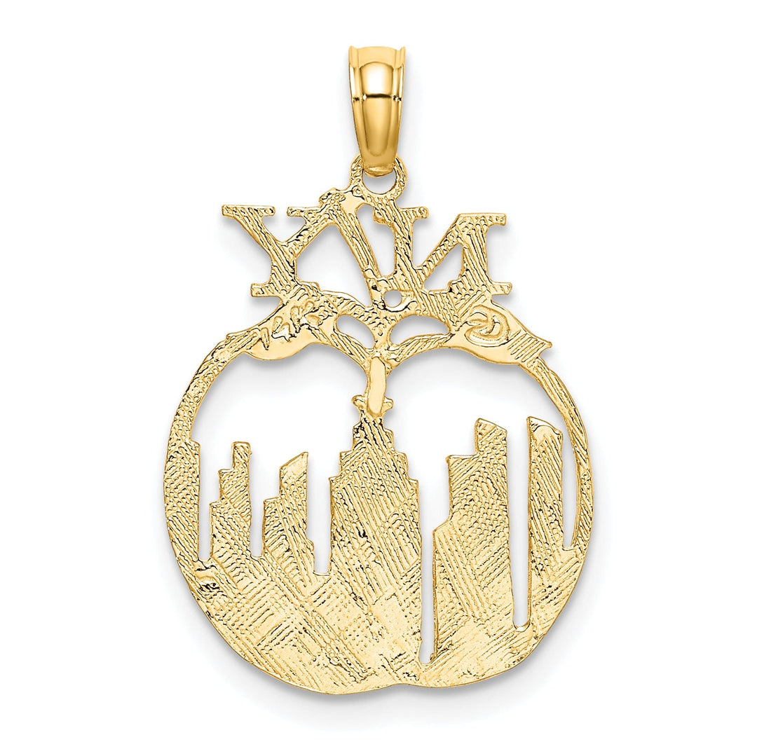 14K Yellow Gold Textured Polished Finish New York Skyline in Apple Theme Charm Pendant