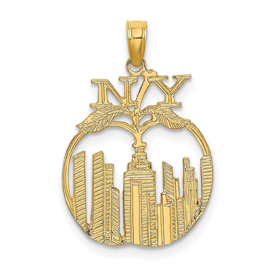 14K Yellow Gold Textured Polished Finish New York Skyline in Apple Theme Charm Pendant