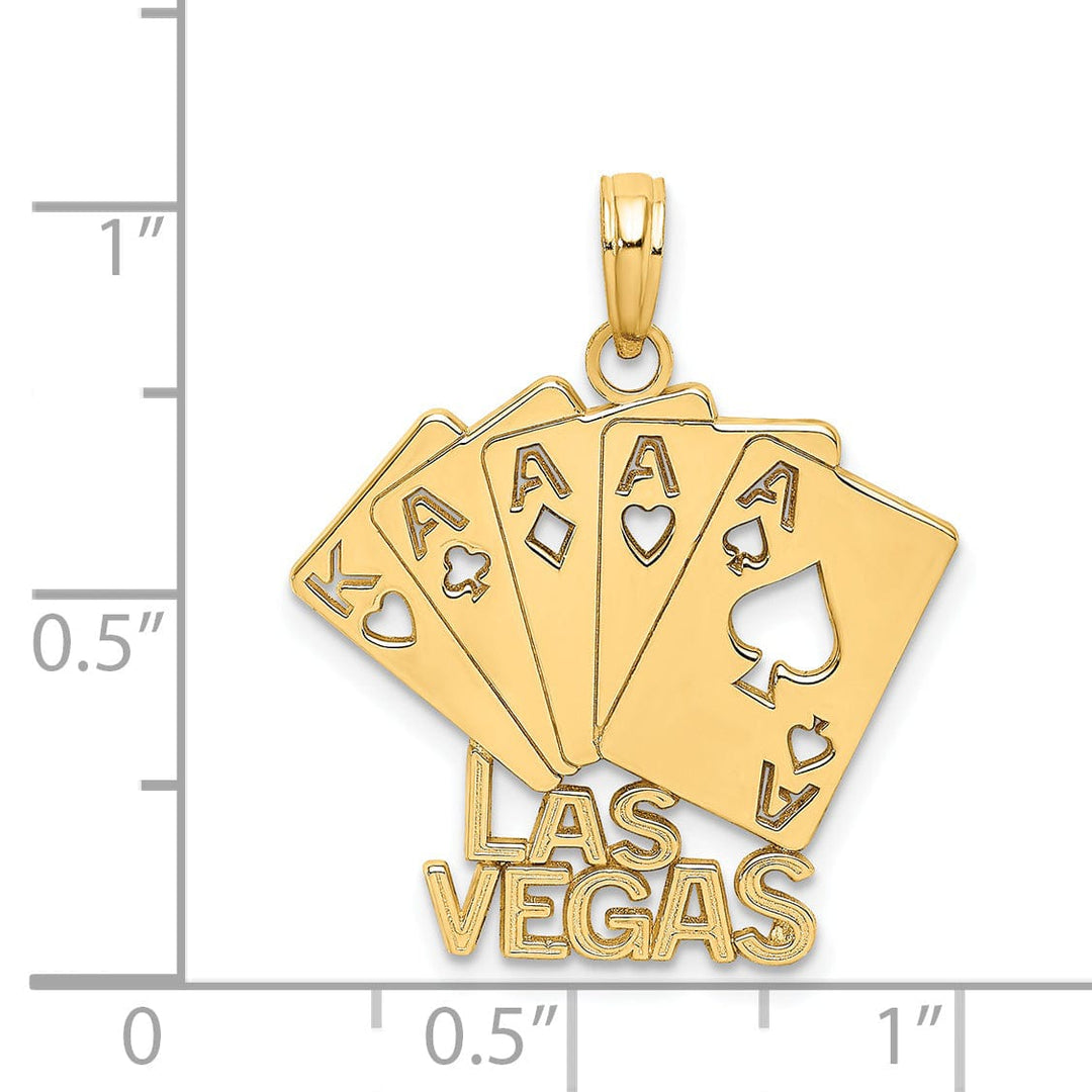 14K Yellow Gold Textured Polished Finish LAS VEGAS With 4-Aces King Playing Cards Charm Pendant