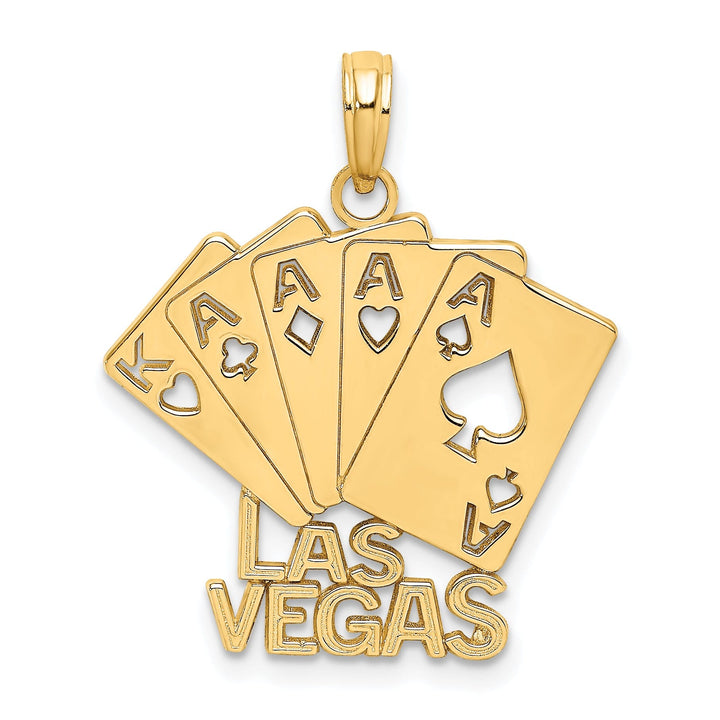 14K Yellow Gold Textured Polished Finish LAS VEGAS With 4-Aces King Playing Cards Charm Pendant