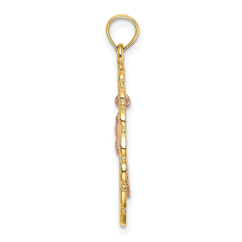 14k Two-Tone Gold Textured Back Solid Polished Finish Oval Frame Dangling Rose Charm Pendant
