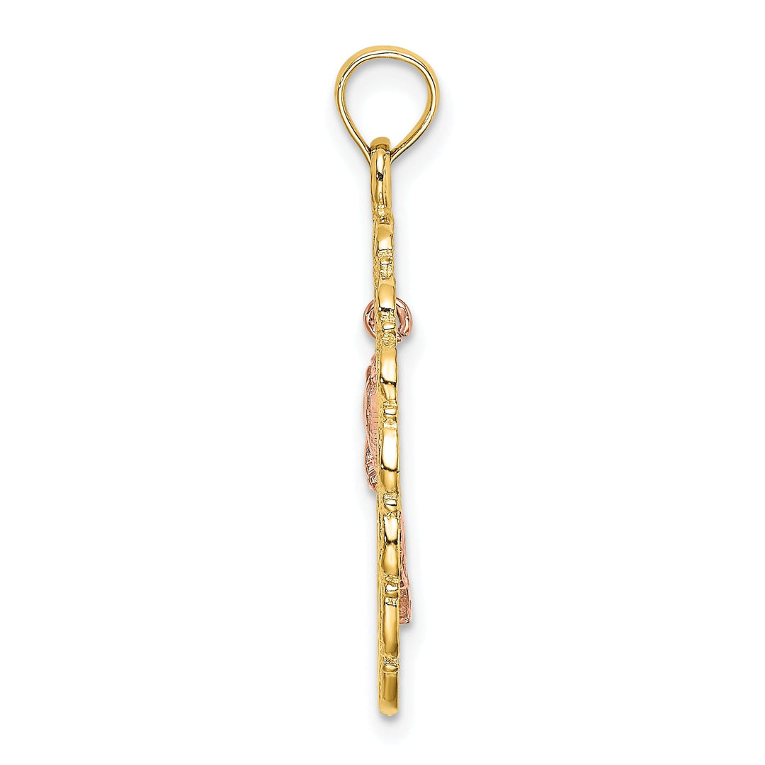 14k Two-Tone Gold Textured Back Solid Polished Finish Oval Frame Dangling Rose Charm Pendant