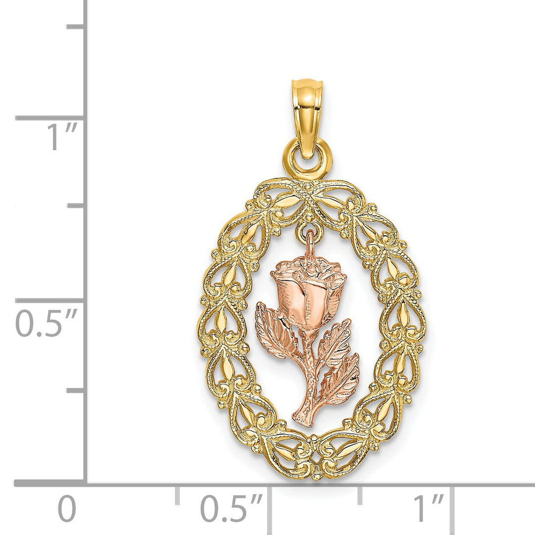 14k Two-Tone Gold Textured Back Solid Polished Finish Oval Frame Dangling Rose Charm Pendant