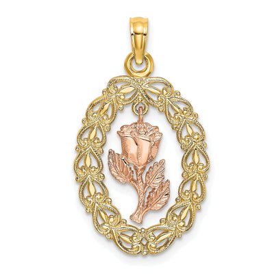 14k Two-Tone Gold Textured Back Solid Polished Finish Oval Frame Dangling Rose Charm Pendant