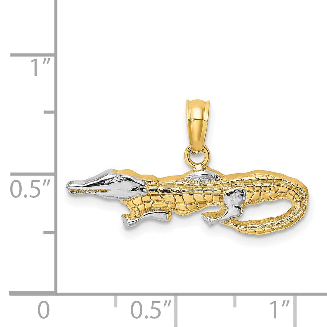 14k Yellow Gold White Rhodium Textured Polished Finish 2-Dimensiona Alligator Charm Pendant