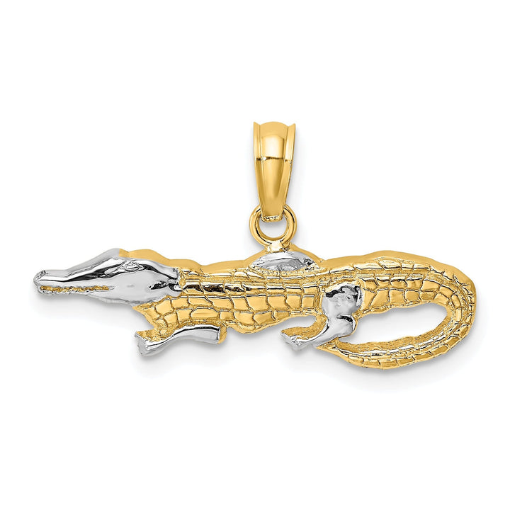 14k Yellow Gold White Rhodium Textured Polished Finish 2-Dimensiona Alligator Charm Pendant