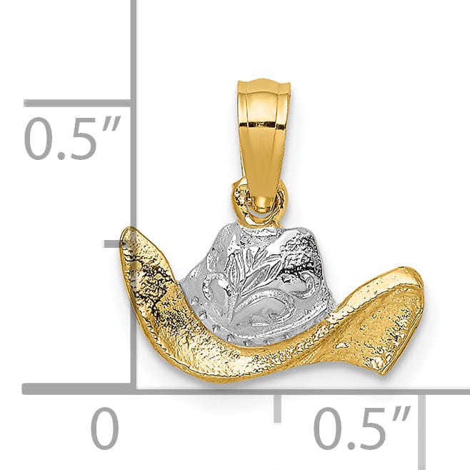 14k Yellow Gold White Rhodium Textured Polished Finish Cowboy Hat Charm Pendant