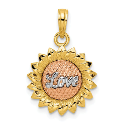 14K Tri-Color Gold Textured Concave Solid Polished Finish Sunflower with LOVE Charm Pendant