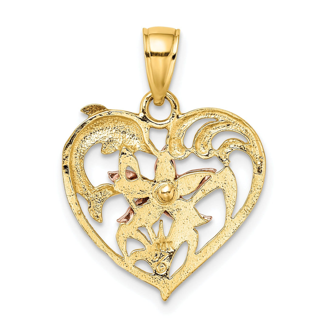 14K Yellow Rose Gold White Rhodium Texture Polished Finish Dolphin Starfish In Design Heart Charm Pendant