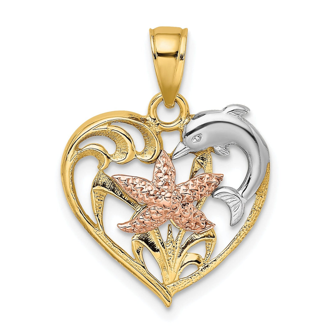 14K Yellow Rose Gold White Rhodium Texture Polished Finish Dolphin Starfish In Design Heart Charm Pendant