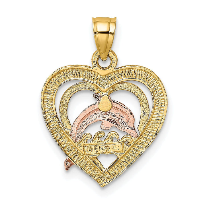 14K Yellow Gold White Rhodium Texture Polished Finish Dolphin Swimming in Heart Charm Pendant