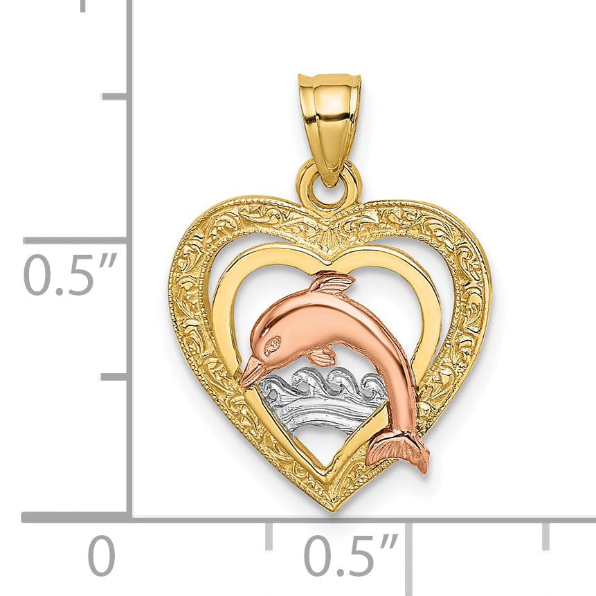 14K Yellow Gold White Rhodium Texture Polished Finish Dolphin Swimming in Heart Charm Pendant