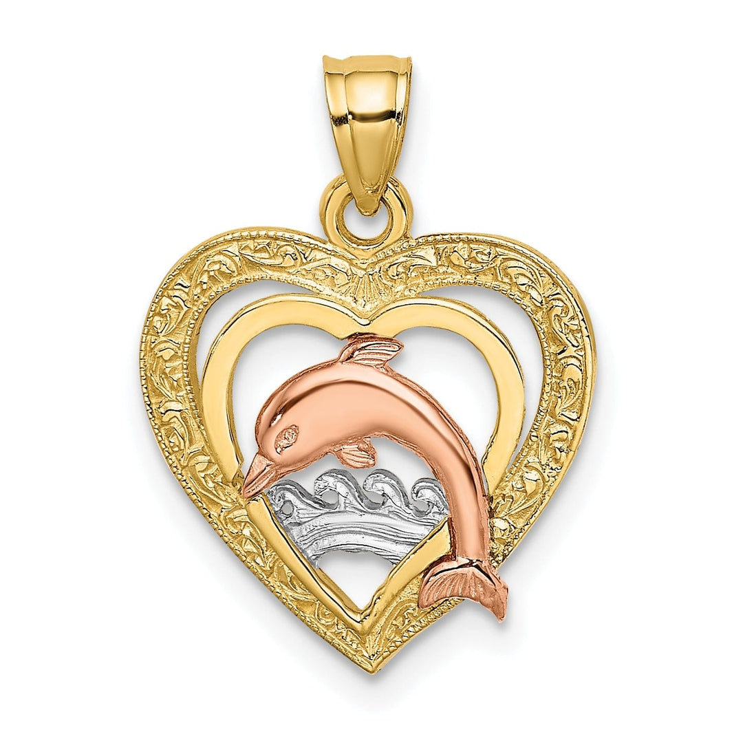 14K Yellow Gold White Rhodium Texture Polished Finish Dolphin Swimming in Heart Charm Pendant