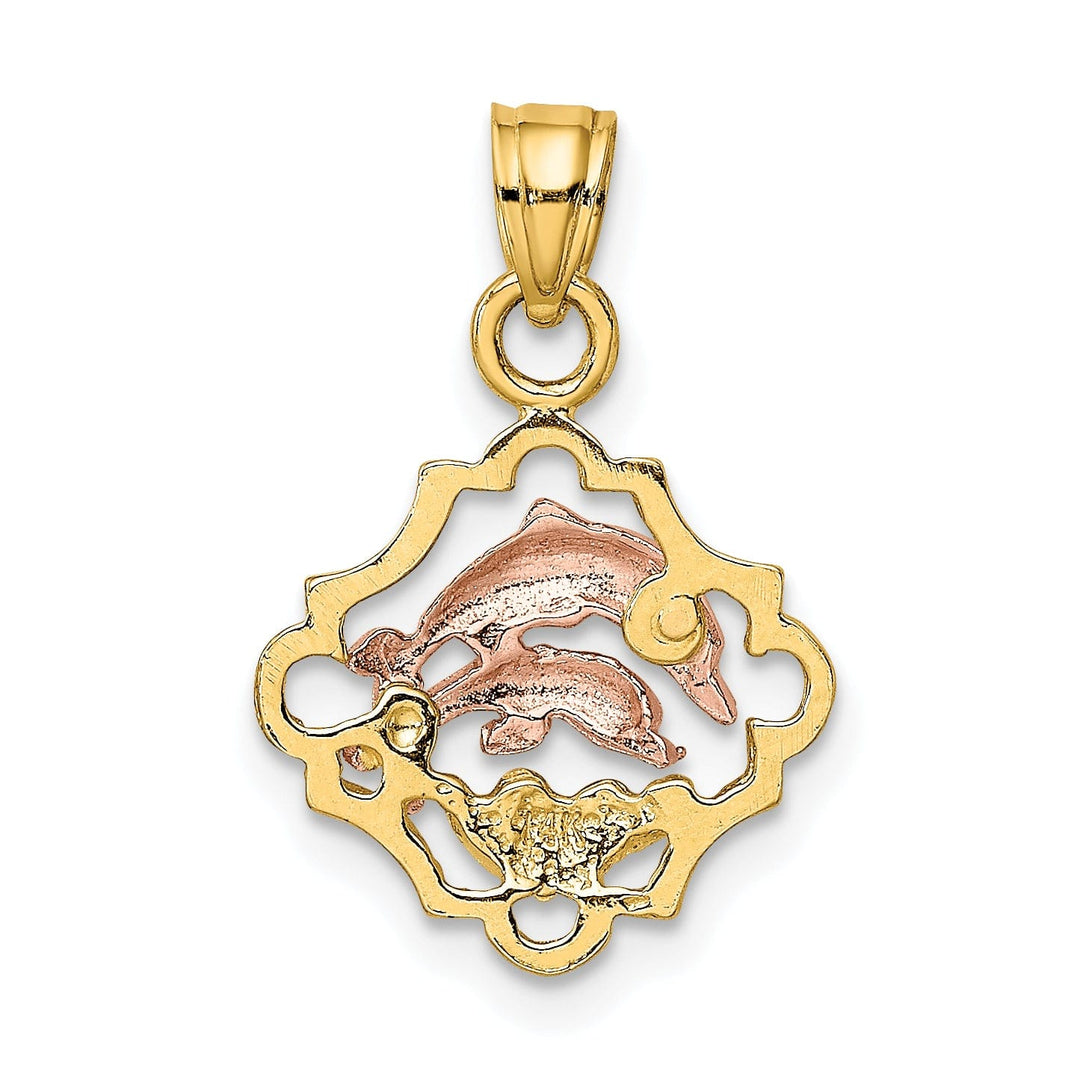 14k Yellow Gold White Rhodium Polished Finish Double Dolphins In Frame Design Charm Pendant