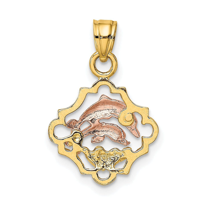14k Yellow Gold White Rhodium Polished Finish Double Dolphins In Frame Design Charm Pendant
