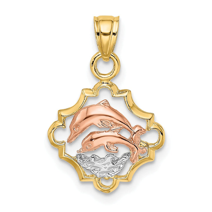 14k Yellow Gold White Rhodium Polished Finish Double Dolphins In Frame Design Charm Pendant