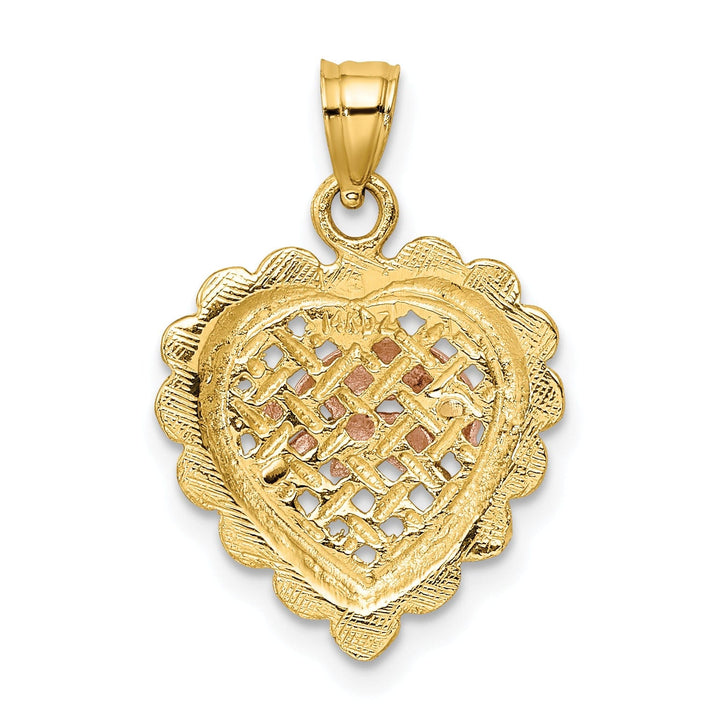 14K Yellow Rose Gold White Rhodium Solid 2 Dolphins in Basket Woven Wieve Design Heart Charm Pendant