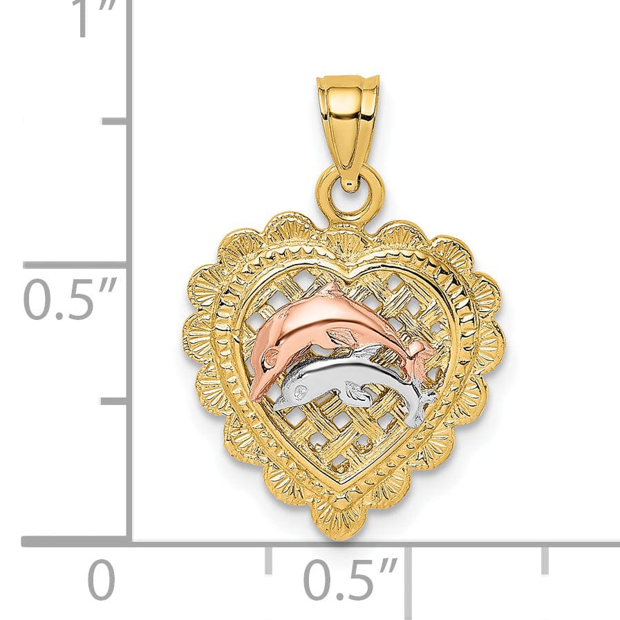 14K Yellow Rose Gold White Rhodium Solid 2 Dolphins in Basket Woven Wieve Design Heart Charm Pendant