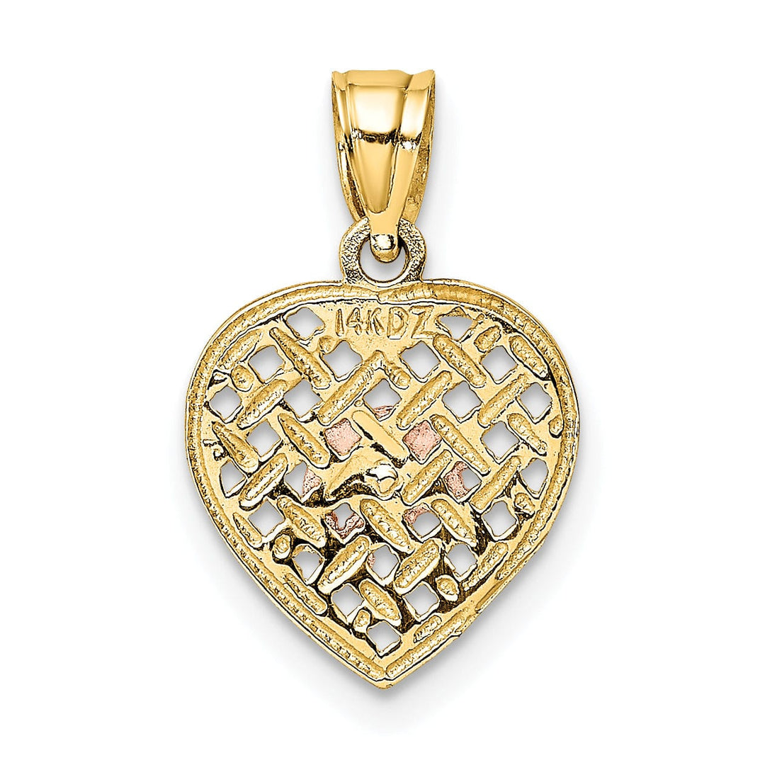 14K Yellow Rose Gold White Rhodium 2 Dolphins in Basket Woven Wieve Design Heart Charm Pendant