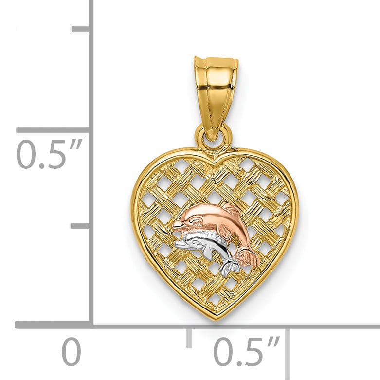 14K Yellow Rose Gold White Rhodium 2 Dolphins in Basket Woven Wieve Design Heart Charm Pendant