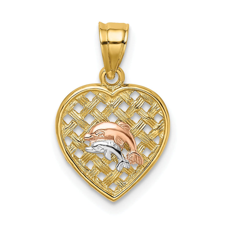 14K Yellow Rose Gold White Rhodium 2 Dolphins in Basket Woven Wieve Design Heart Charm Pendant