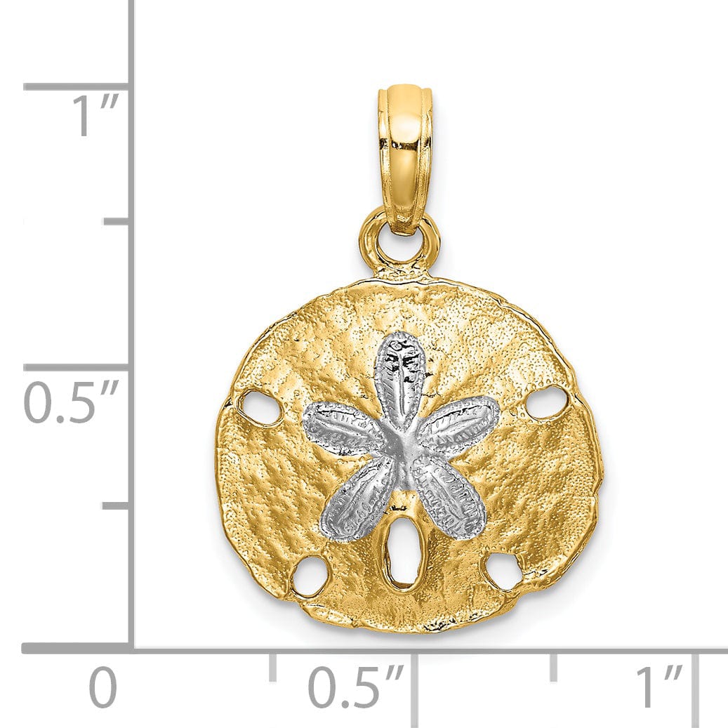 14K Yellow Gold White Rhodium Texture Polished Finish Sand Dollar Charm Pendant