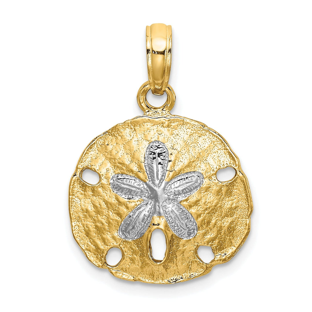 14K Yellow Gold White Rhodium Texture Polished Finish Sand Dollar Charm Pendant