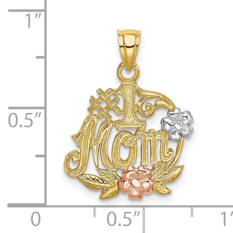 14k Two Tone Gold,White Rhodium Textured Polished Finish #1 MOM with Flower Design Charm Pendant