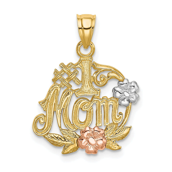 14k Two Tone Gold,White Rhodium Textured Polished Finish #1 MOM with Flower Design Charm Pendant