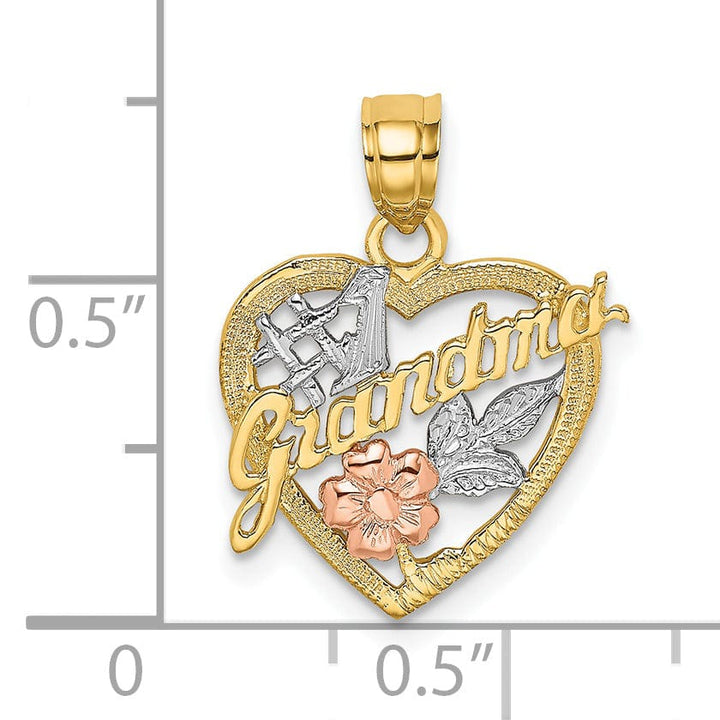 14k Two Tone Gold, White Rhodium Textured Polished Finish #1 GRANDMA In Heart Flower Design Charm Pendant