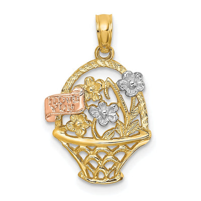14k Tri-Color Gold Rhodium Plated Textured Open Back Solid Polished Finish Flower Basket with I LOVE YOU Charm Pendant