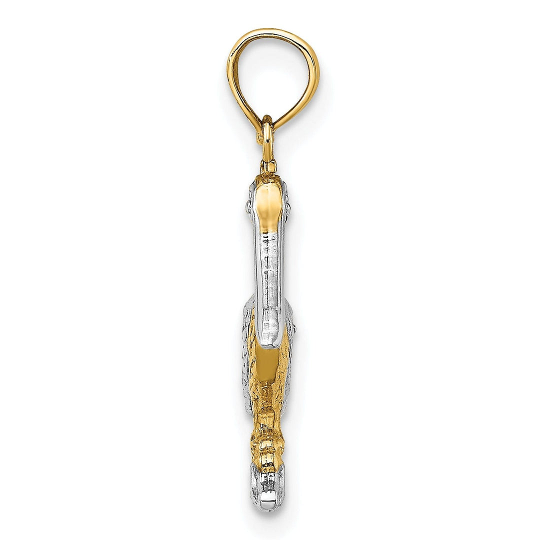 14K Yellow Gold White Rhodium Textured Polished Finish 3-Dimensional Pelican Standing on Piling Charm Pendant