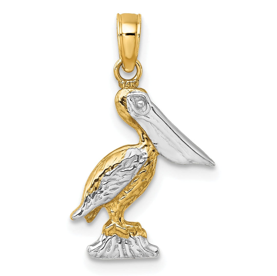 14K Yellow Gold White Rhodium Textured Polished Finish 3-Dimensional Pelican Standing on Piling Charm Pendant