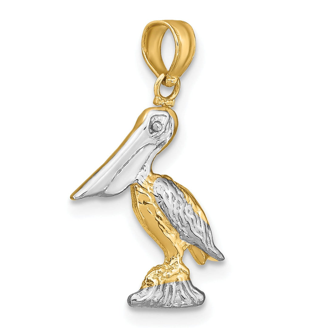 14K Yellow Gold White Rhodium Textured Polished Finish 3-Dimensional Pelican Standing on Piling Charm Pendant