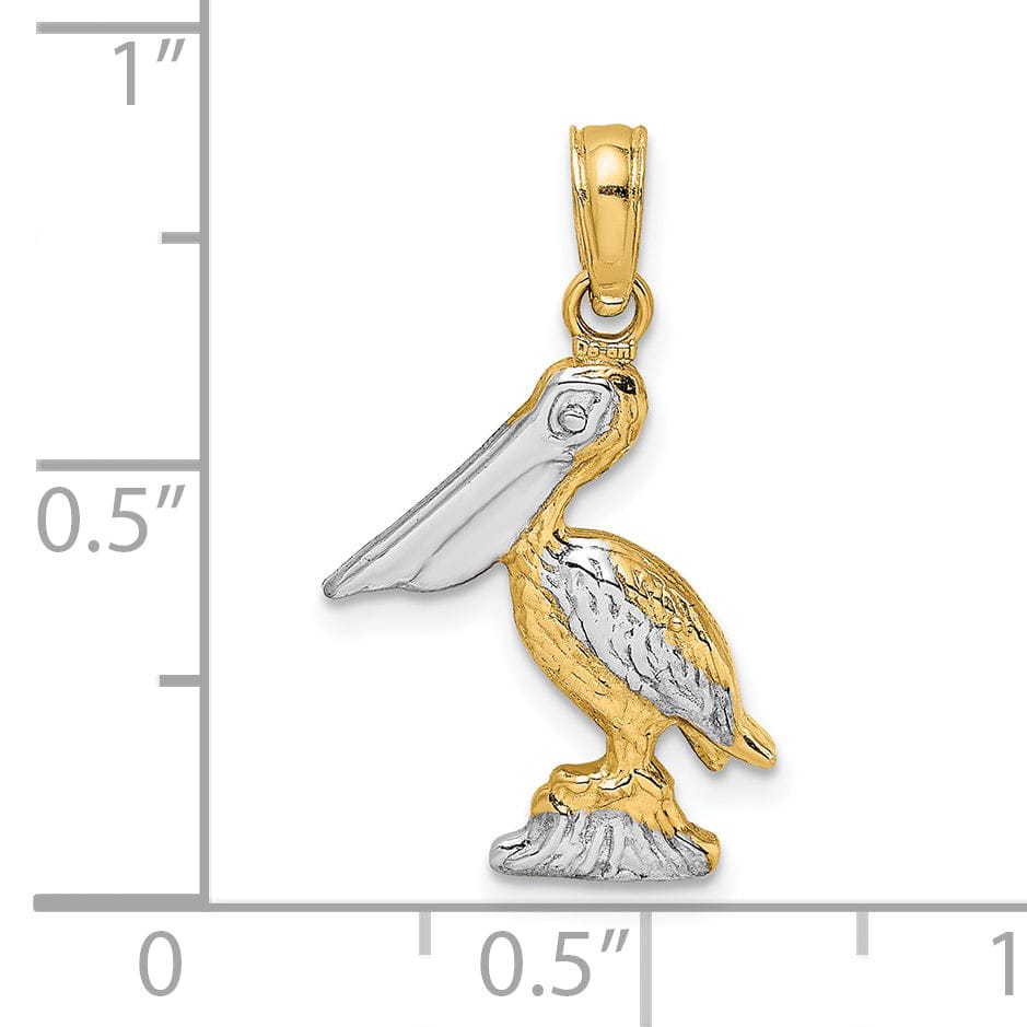 14K Yellow Gold White Rhodium Textured Polished Finish 3-Dimensional Pelican Standing on Piling Charm Pendant