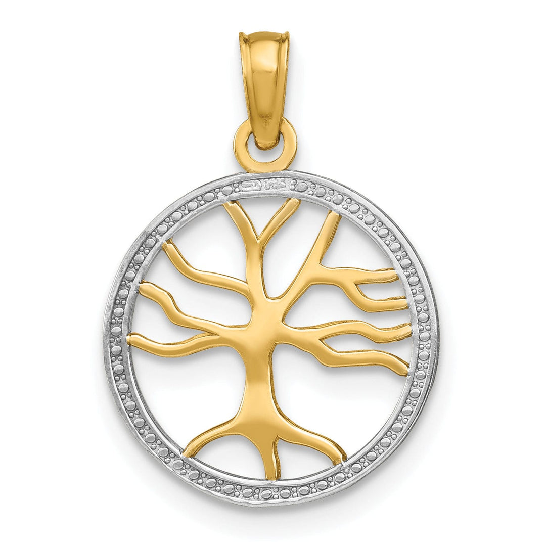 14k Yellow Gold White Rhodium Textured Polished Finish Tree of Life in Round Shape Beaded Frame Charm Pendant