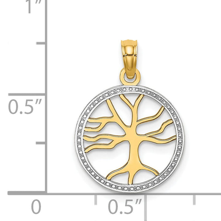 14k Yellow Gold White Rhodium Textured Polished Finish Tree of Life in Round Shape Beaded Frame Charm Pendant