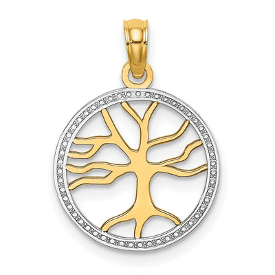 14k Yellow Gold White Rhodium Textured Polished Finish Tree of Life in Round Shape Beaded Frame Charm Pendant at $ 91.9 only from Jewelryshopping.com
