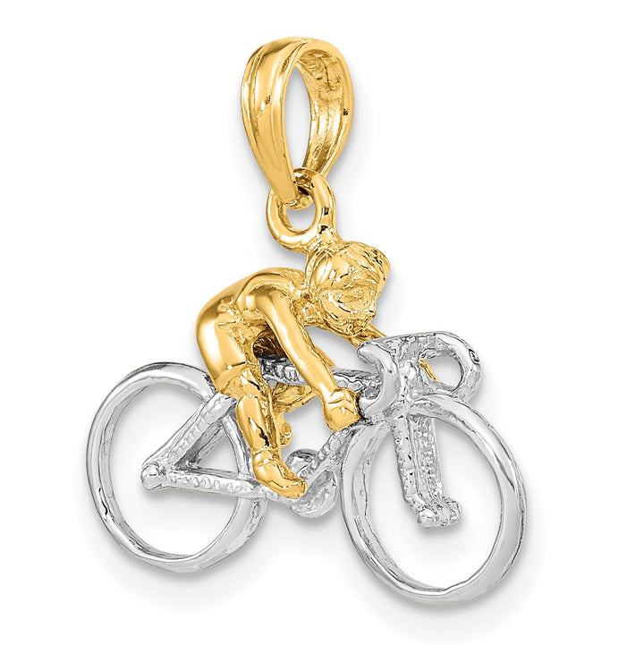 14K Two Tone Gold Polished Finish 3-Dimensional Bicycle with Rider Charm Pendant