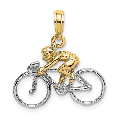 14K Two Tone Gold Polished Finish 3-Dimensional Bicycle with Rider Charm Pendant
