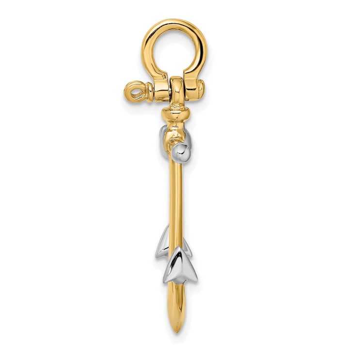 14K Yellow Gold Rhodium Polished Finish 3-Dimensional Anchor with Long T Bar and Shackle Bail Charm Pendant