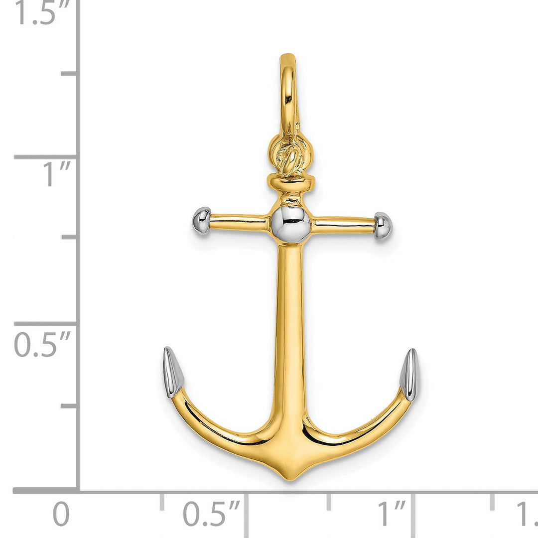14K Yellow Gold Rhodium Polished Finish 3-Dimensional Anchor with Long T Bar and Shackle Bail Charm Pendant